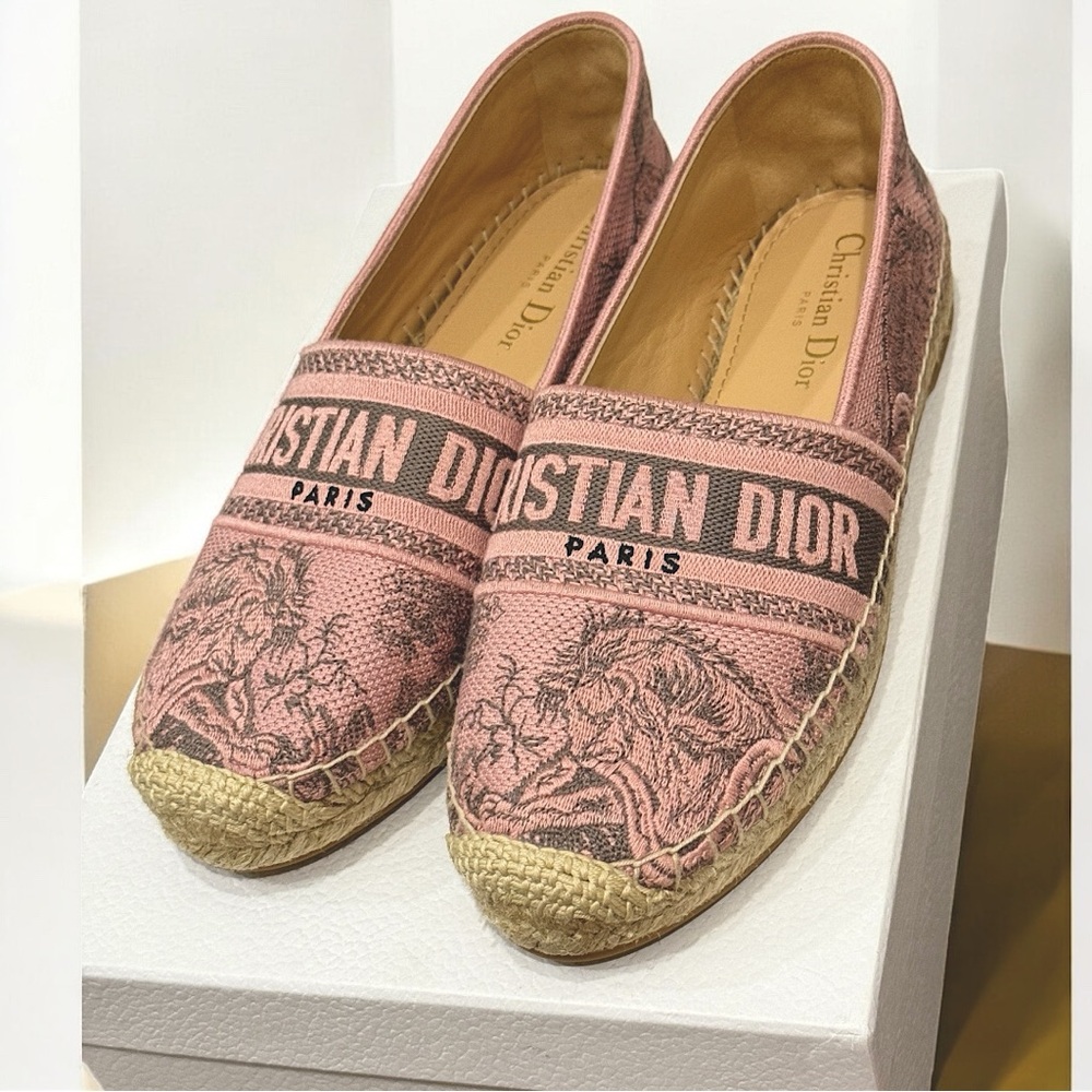 Dior BNIB Granville Toile De Jouy Embroidered Pink Gray Logo Espadrille 38.5 - Picture 4 of 12